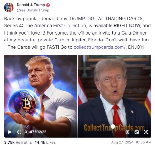 Donald Trump Launches 4th NFT Collection Featuring Him Holding Bitcoin — Says 'They Call Me Crypto President'