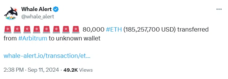 Whale Transfers 200K Ethereum Worth $469M from Arbitrum to Binance