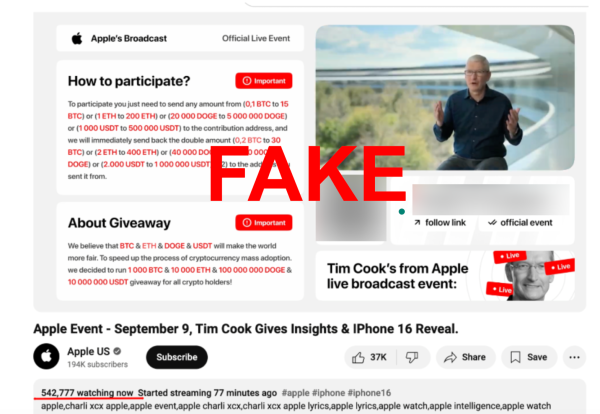 Scam Alert: Fake Dogecoin Stream Takes Over YouTube Ahead of Apple's iPhone 16 Launch