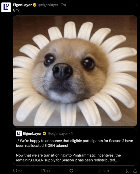 EigenLayer X hackers who likely stole $800K now posting dog pics