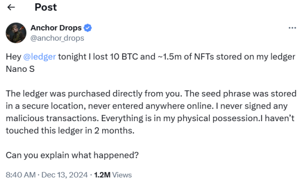 Ledger faces scrutiny after user claims $2.5M in Bitcoin, NFTs stolen