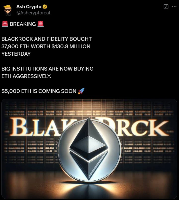 Influencer Predicts $5K for Ethereum After BlackRock, Fidelity Buy