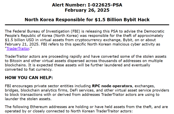 FBI identifies North Korea as responsible for $1.5 billion Bybit crypto heist, labels activity “TraderTraitor”