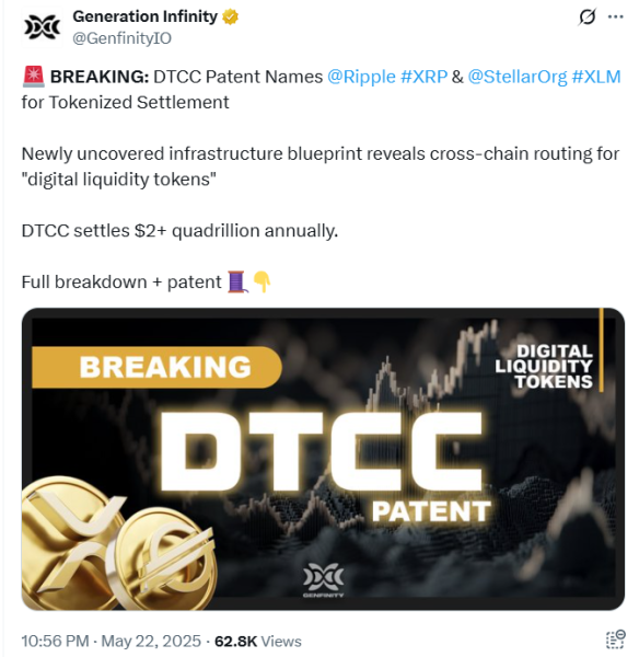 DTCC Patent Reveals Tokenized Settlement Plan Featuring Ripple (XRP) and Stellar (XLM)