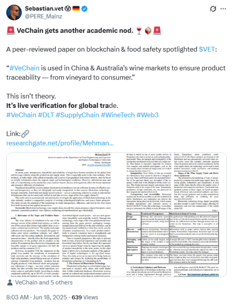 VeChain Earns Academic Recognition for Blockchain in Wine Traceability