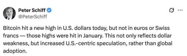 Peter Schiff: Bitcoin Price Record Highlights US Dollar Weakness