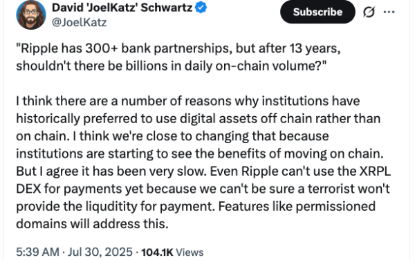 Ripple CTO defends low XRPL volume, says banks settle off‑chain Ripple CTO defends low XRPL volume, says banks settle off‑chain