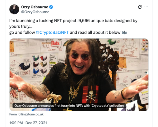Ozzy Osbourne’s passing sparks 400% surge in CryptoBatz NFTs