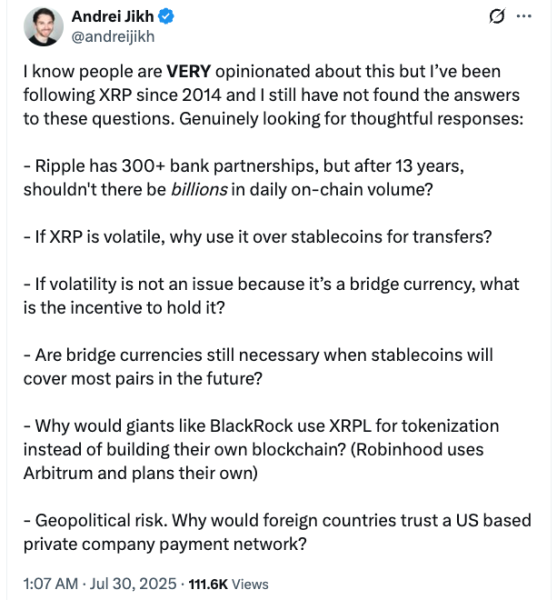 Ripple CTO defends low XRPL volume, says banks settle off‑chain Ripple CTO defends low XRPL volume, says banks settle off‑chain