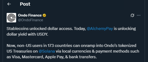 Alchemy Pay Unlocks Global Access to Ondo’s Yield-Bearing USDY Token Alchemy Pay Unlocks Global Access to Ondo’s Yield-Bearing USDY Token