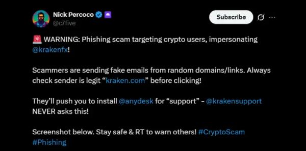 Kraken CSO Warns of Scam Emails Posing as Exchange Kraken CSO Warns of Scam Emails Posing as Exchange