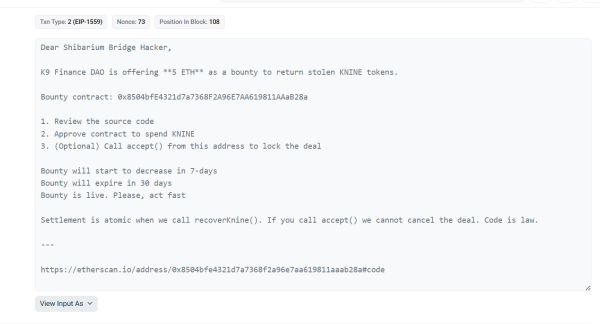 K9 Finance offers $23K bounty after $2.4M Shibarium exploit