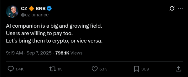 Binance's Founder CZ Calls for AI Companion Integration In Crypto Binance's Founder CZ Calls for AI Companion Integration In Crypto