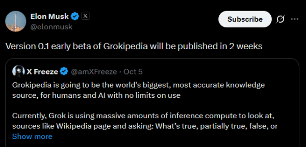 Elon Musk’s answer to ‘falsehoods’ —Grokipedia is out in 2 weeks