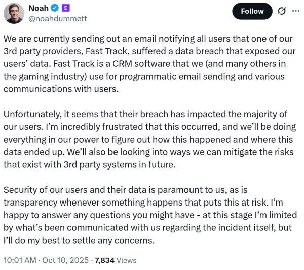 Major crypto betting platform Shuffle announces user data breach