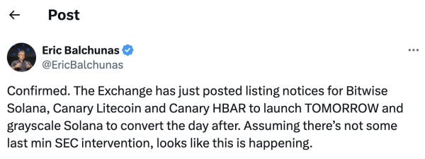 Solana, Litecoin, Hedera ETFs to launch Tuesday: Analyst