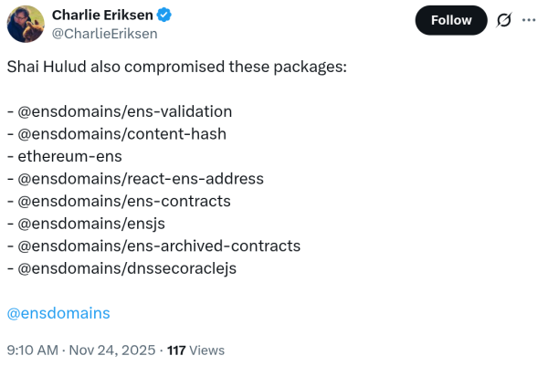 New NPM supply-chain attack compromises major ENS and crypto libraries