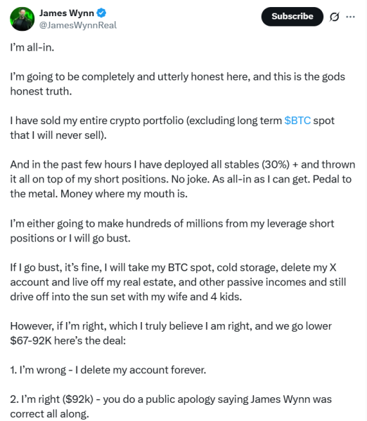 James Wynn goes ‘all-in’ on shorting Bitcoin after 12 liquidations in 12 hours