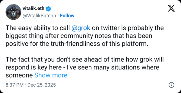 Vitalik says Grok arguably a 'net improvement' to X despite flaws