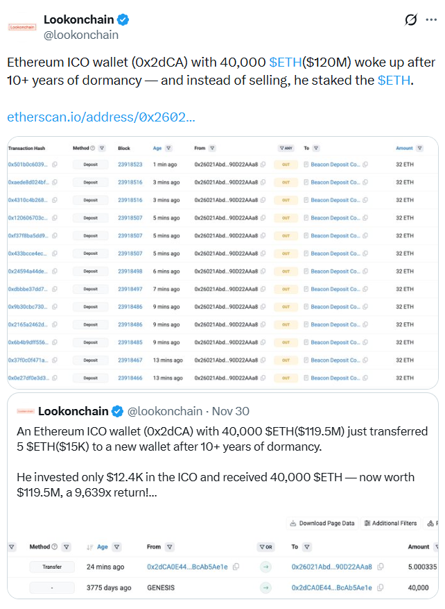 Ethereum ICO wallet moves $120M after a decade, throws it into staking