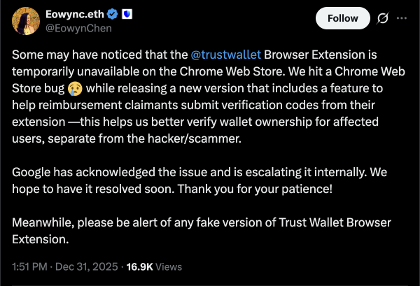Trust Wallet browser extension knocked offline by Chrome Store 'bug,' CEO says