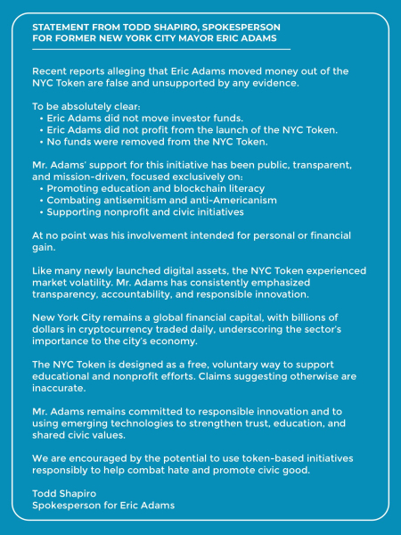 Ex-NYC mayor Eric Adams denies moving money out of controversial token
