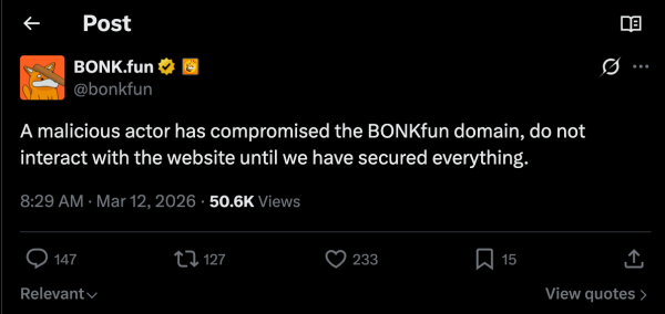 Bonk.fun hacked: Domain hijacked, crypto drainer planted