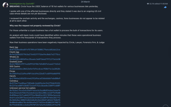 ZachXBT claims Circle wrongfully freezing exchange wallets