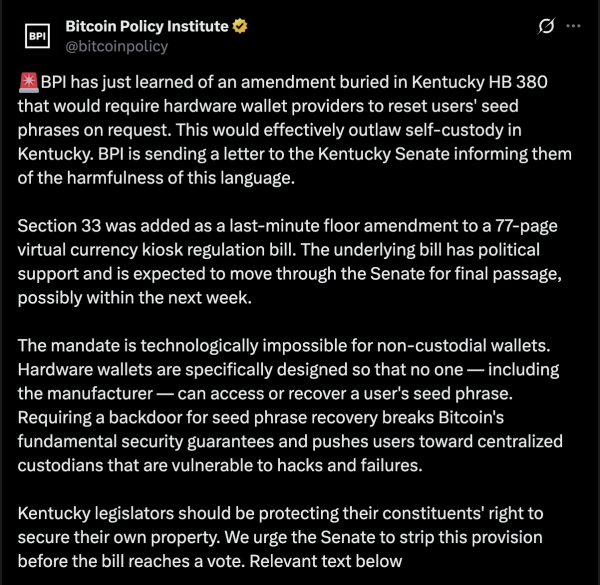 BPI sounds alarm on 'backdoor' for hardware wallets in Kentucky crypto bill