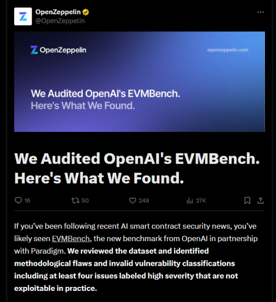 OpenZeppelin finds data contamination in OpenAI’s EVMbench OpenZeppelin finds data contamination in OpenAI’s EVMbench