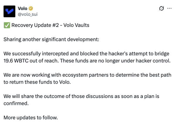 Volo claims successful recovery of &lsquo;90% of stolen funds&rsquo; within days of exploit