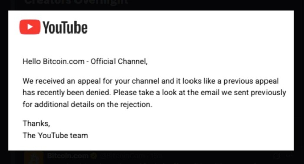 YouTube Bans Bitcoin.com: Latest Strike in War on Crypto Content