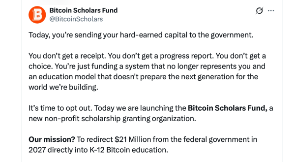 Bitcoin Scholars Fund Launches to Redirect $21M in Federal Taxes Into K-12 Bitcoin Education