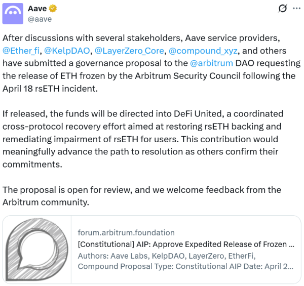 Aave asks Arbitrum to send 30K ETH from Kelp exploiter to &lsquo;DeFi United&rsquo;