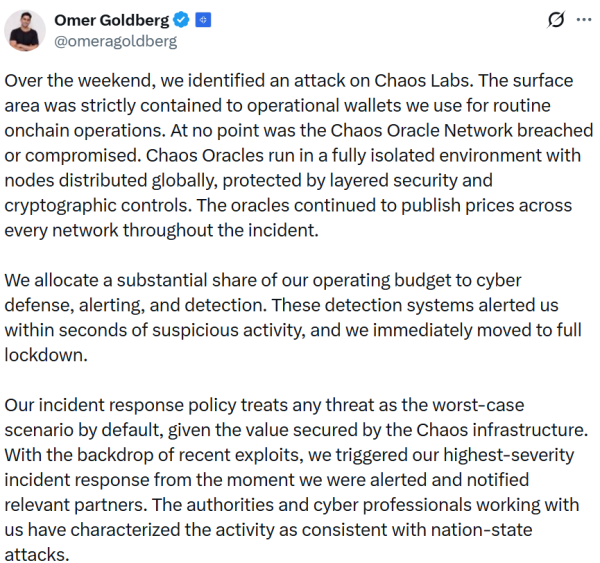 Chaos Labs says oracles secure after attempted &lsquo;nation-state&rsquo; wallet attack